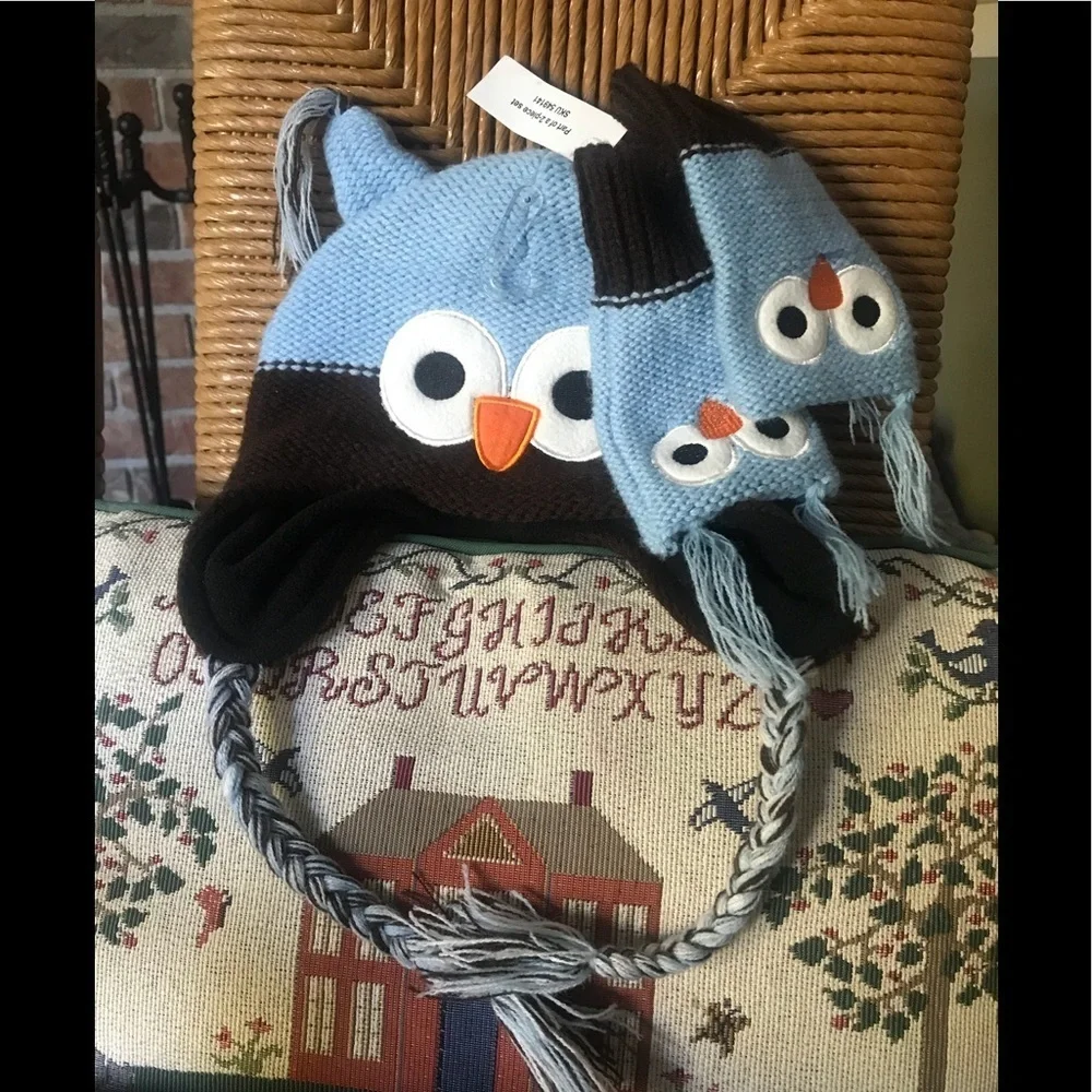 💙 Baby Owl Crochet 3-piece Hat And Matching Warmers